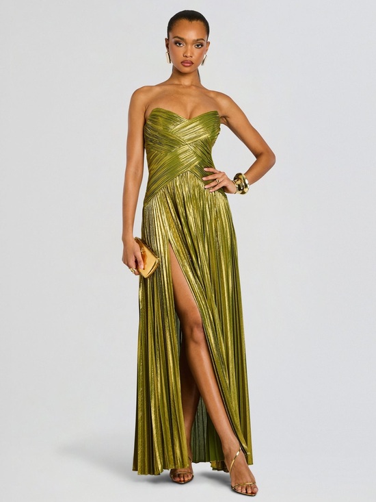 Retrofete Dresses & Skirts - Retrofête Metallic Olive-Gold Strapless Pleated Maxi Gown - Stephie Gown